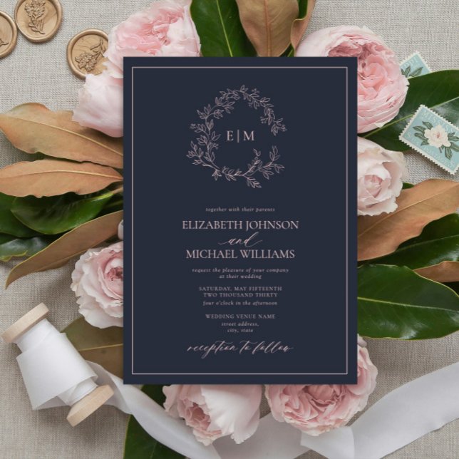 Invitación Boda de monograma rosa Rubor azul de la Marina mod (Subido por el creador)