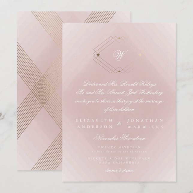 Invitación Boda de monograma rosado Rosa con polvo dorado clá (Anverso / Reverso)