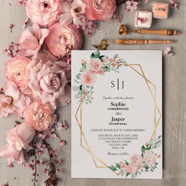 Invitación Boda de monograma sencillo blanco floral de Rubor (Subido por el creador)