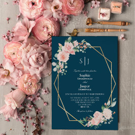 Invitación Boda de monograma simple de la Marina Floral de Ru