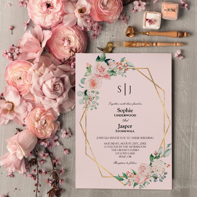 Invitación Boda de monograma simple rosa floral Rubor (Subido por el creador)