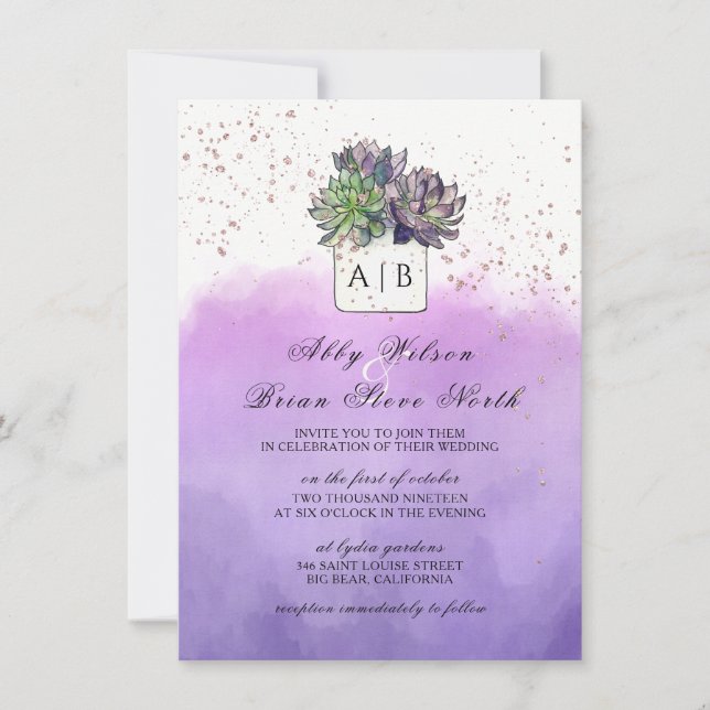 Invitación Boda de Monograma Suculento de Cactus Verde Púrpur (Anverso)