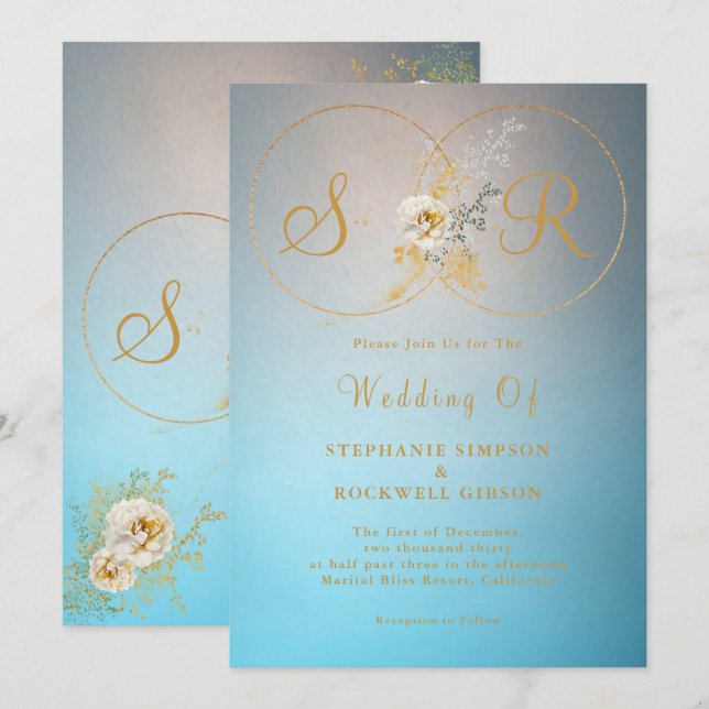 Invitación Boda de Monograma Turquesa Gold (Anverso / Reverso)