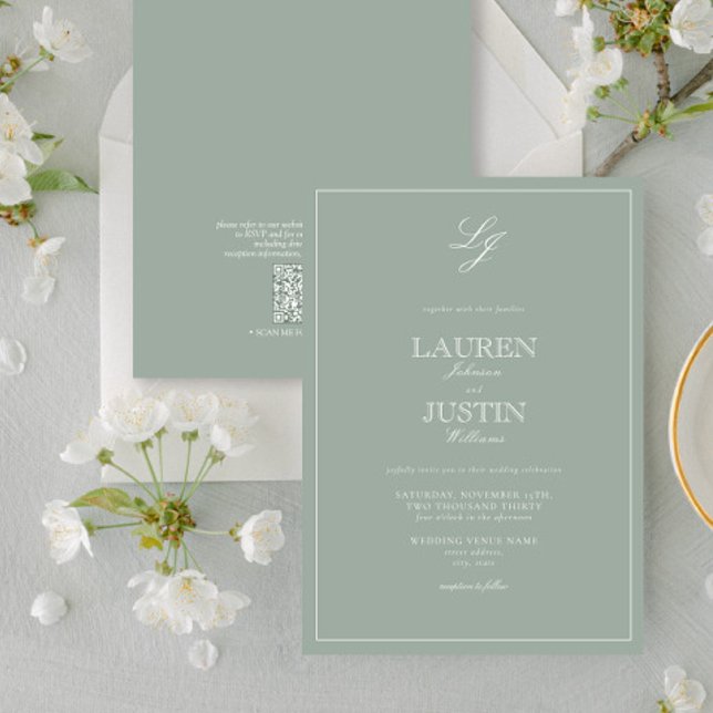 Invitación Boda de Monograma Verde Clásico de código QR (Subido por el creador)