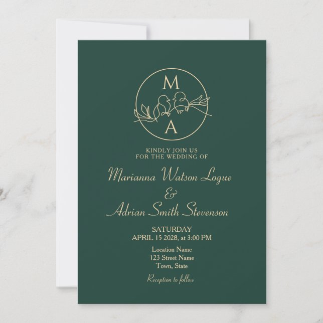 Invitación Boda de Monograma Verde Esmeralda (Anverso)