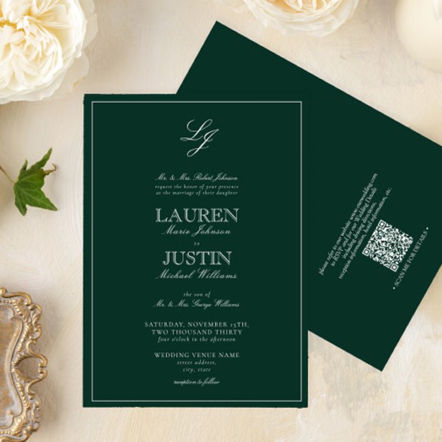 Invitación Boda de Monograma Verde Esmeralda Clásico de Códig (Subido por el creador)