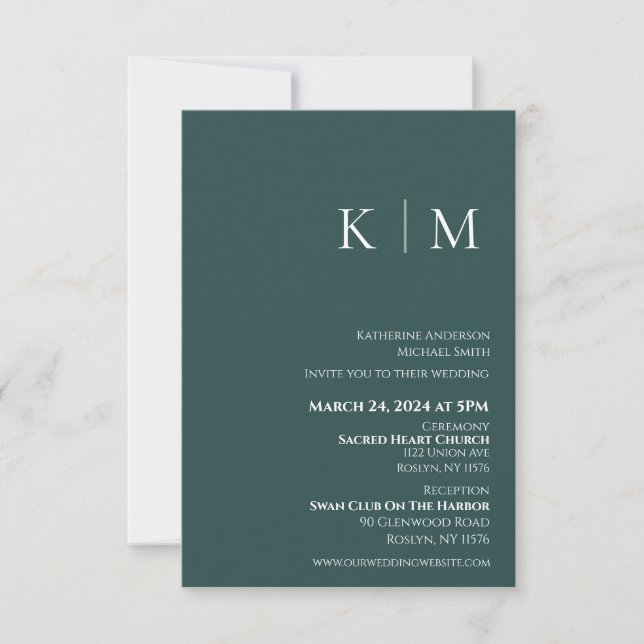 Invitación Boda de Monograma Verde Esmeralda y Blanco- (Anverso)