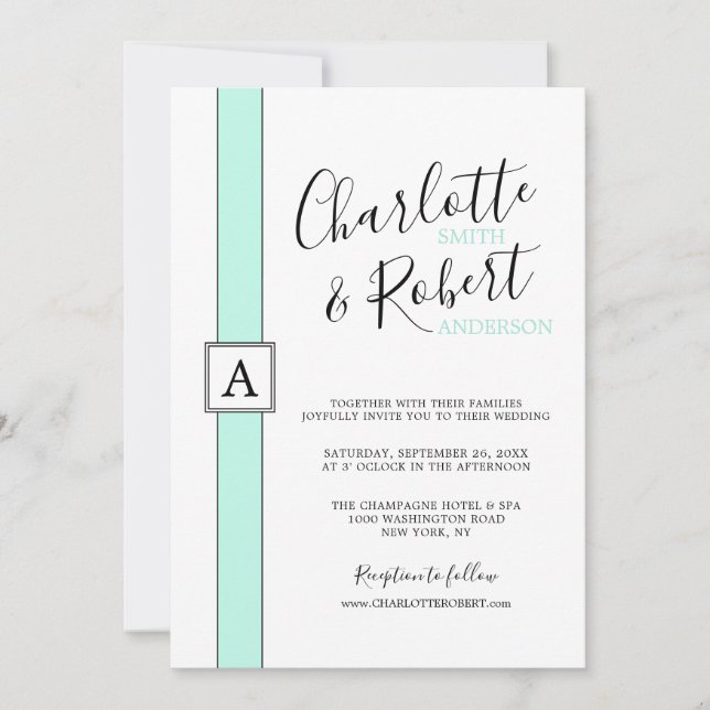 Invitación Boda de Monograma Verde Neo Mint Moderno (Anverso)