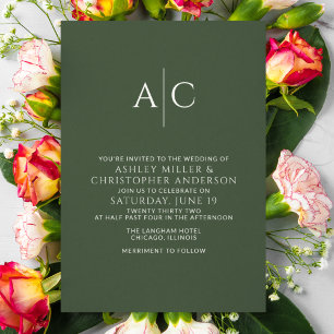 Invitación Boda de monograma verde oscuro simple