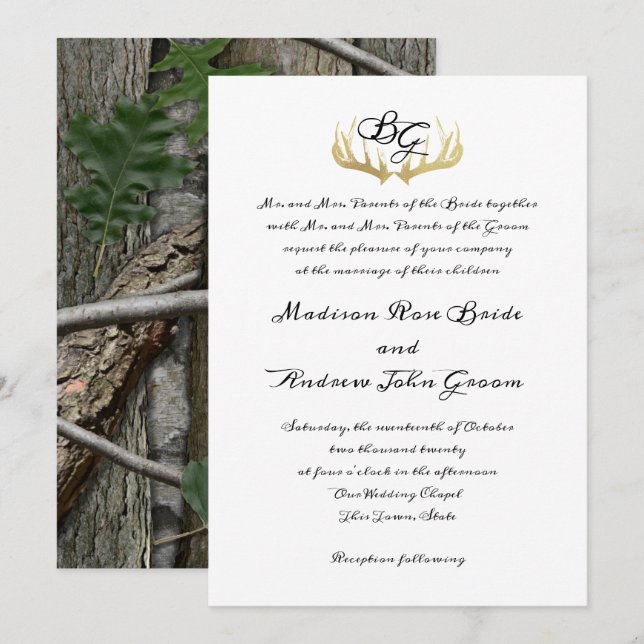Invitación Boda de Monograma y Árboles de Woodland (Anverso / Reverso)