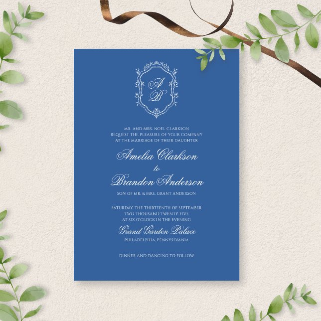 Invitación Boda de Monograma y Guión de la Hoja Azul Formal (Subido por el creador)