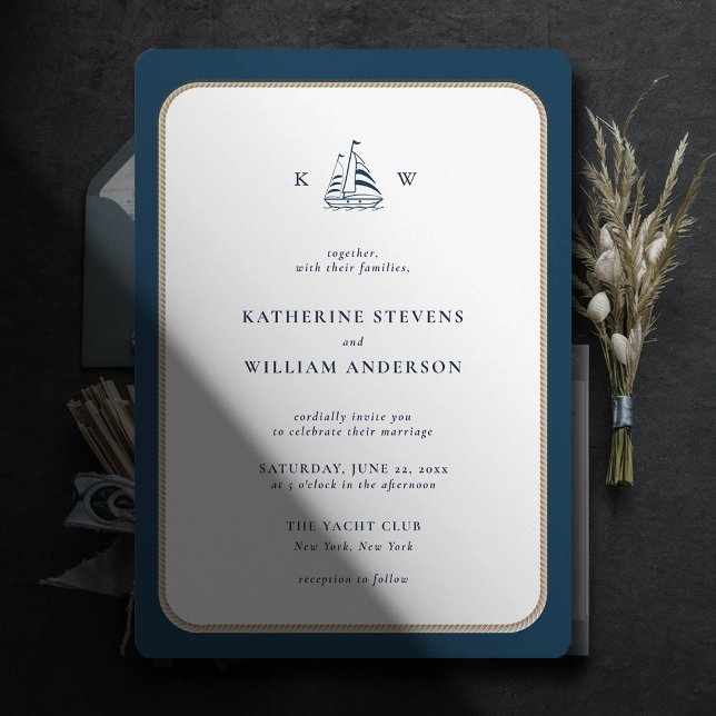 Invitación Boda de Monogramas Blancos de la Armada de tramo d (simple beach boat wedding invitation nautical rope white navy modern classic minimalist)