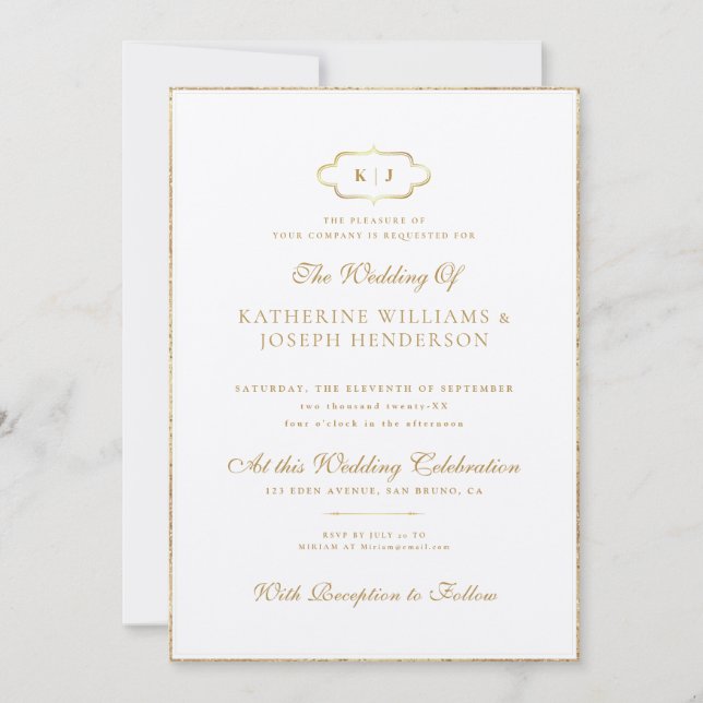 INVITACIÓN BODA DE MONOGRAMAS CLÁSICOS DE ORO ROMÁNTICO (Anverso)