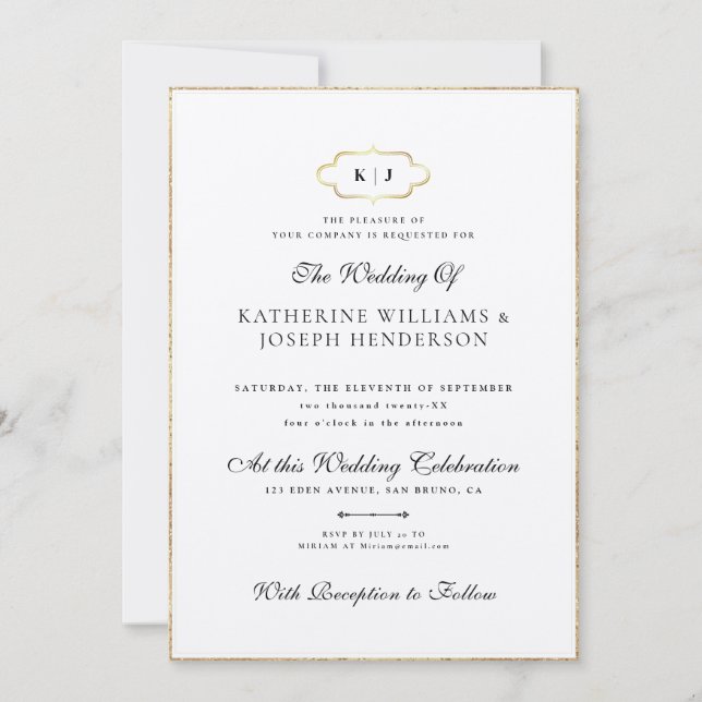 INVITACIÓN BODA DE MONOGRAMAS CLÁSICOS DE ORO ROMÁNTICO (Anverso)