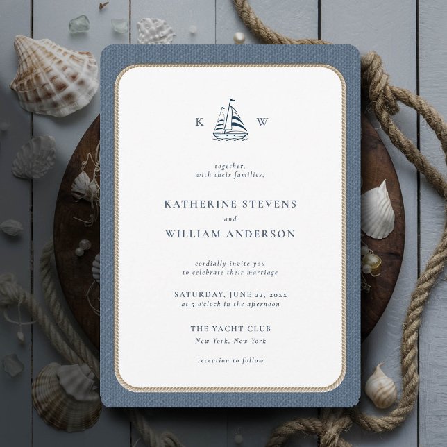 Invitación Boda de monogramas de arpillera azul (simple beach boat wedding invitation nautical rope burlap white navy modern classic minimalist)