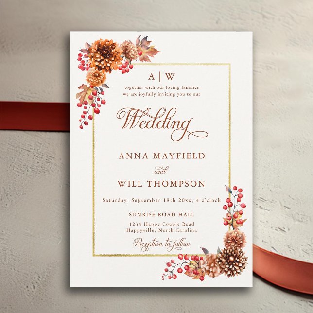 Invitación Boda de monogramas de marco dorado floral elegante (fall floral gold frame elegant wedding invitation modern calligraphy flourishes terracotta romantic)