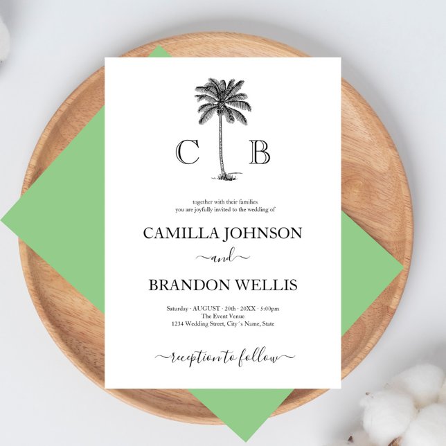 Invitación Boda de Monogramas de Palm Tropical Sencillo Elega (Simple Elegant Palm Tree Tropical Monograms Wedding Invitati Invitation)