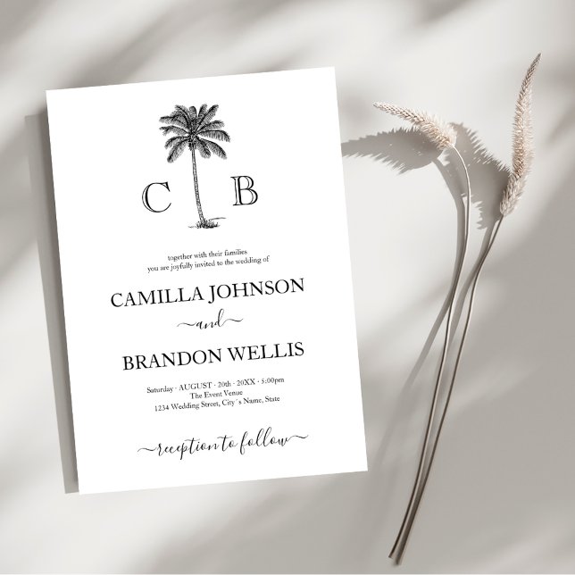 Invitación Boda de monogramas de palmera tropical elegante (Subido por el creador)