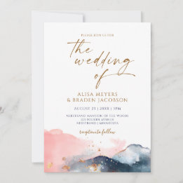 Invitación Boda de Montaña Acuarela Moderna Azul Rosa Dorado