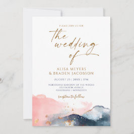 Invitación Boda de Montaña Acuarela Moderna Azul Rosa Dorado