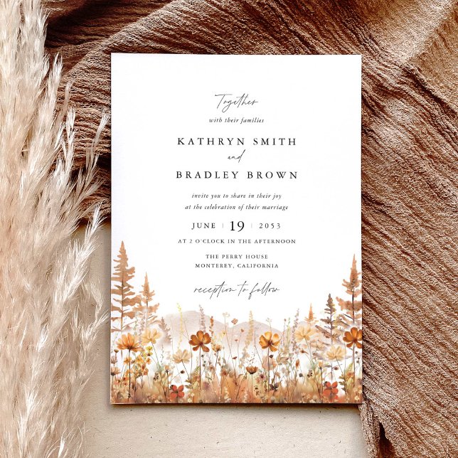 Invitación Boda de montaña con flores silvestres de terracota (Terracotta wildflower mountain wedding invitation with elegant typography and autumn floral design)