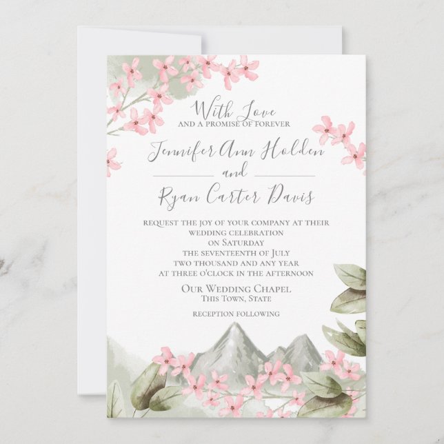 Invitación Boda de montaña de flores rosadas (Anverso)