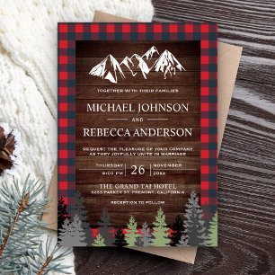 Invitación Boda de montaña de plaid rojo de madera rústica