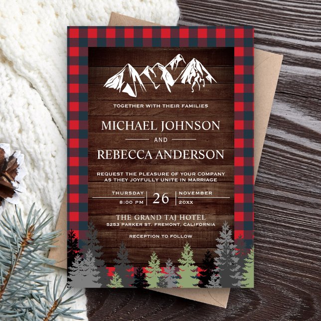 Invitación Boda de montaña de plaid rojo de madera rústica (Subido por el creador)