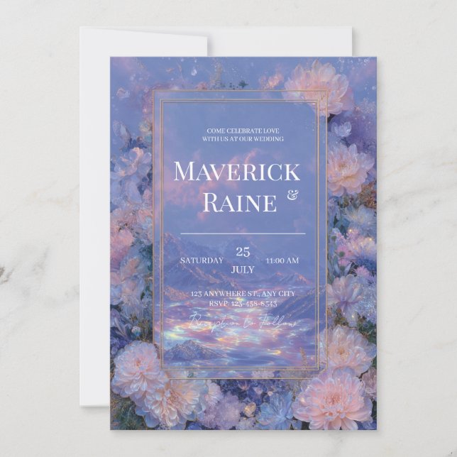 Invitación Boda de Montaña Floral Irisada Lavanda Dorada (Anverso)