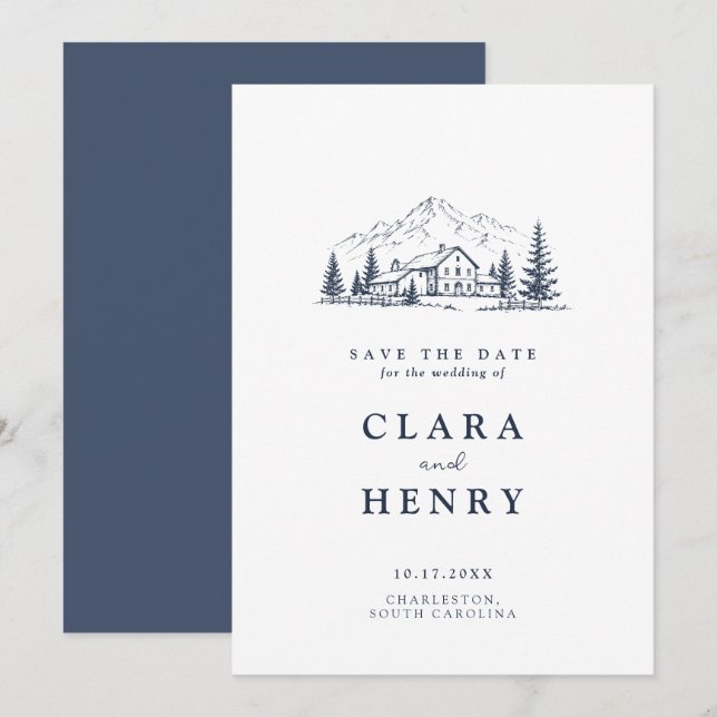 Invitación Boda de Montaña Navy Save the Date (Anverso / Reverso)