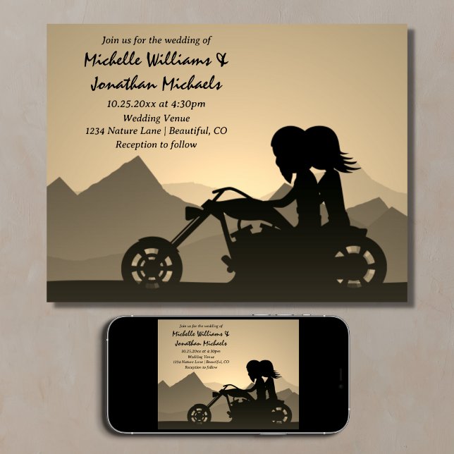 Invitación Boda de Montaña Pareja de Motocicleta (Printed and Digital Motorcycle Couple Mountain Wedding)