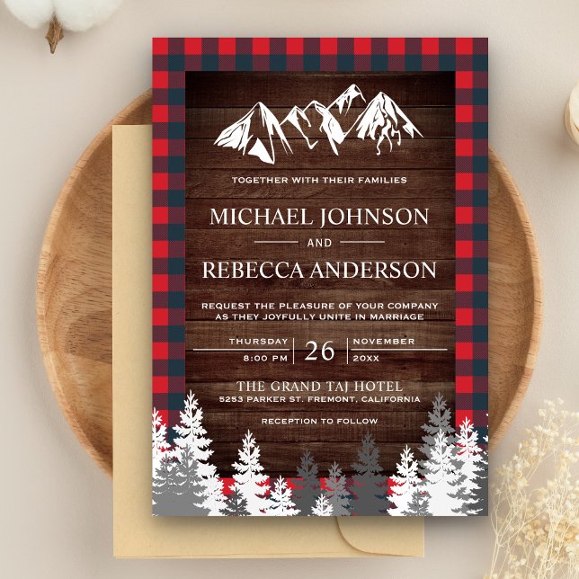 Invitación Boda de Montaña Rustic Wood Red Buffalo Plaid (Subido por el creador)