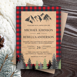 Invitación Boda de montaña rústica kraft roja a cuadros búfal