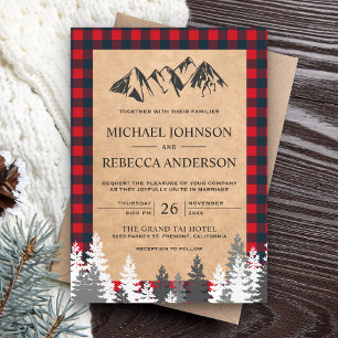 Invitación Boda de montaña rústica kraft roja a cuadros búfal