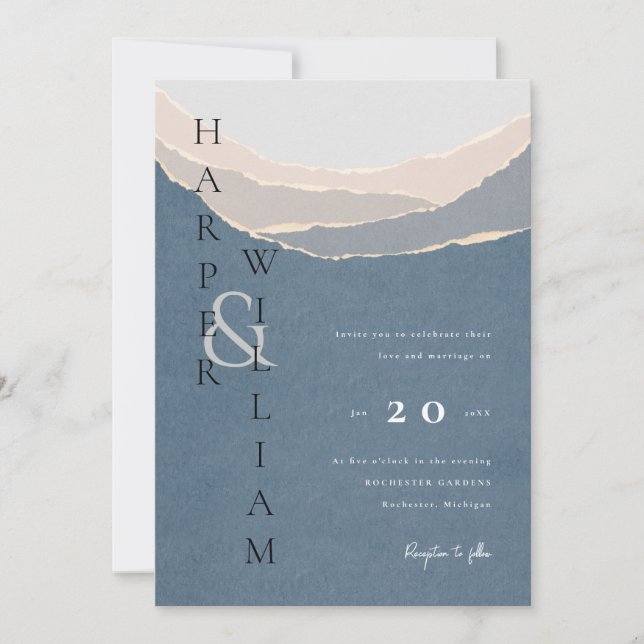 Invitación boda de montañas de papel azul y azul moderno (Anverso)