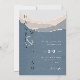Invitación boda de montañas de papel azul y azul moderno
