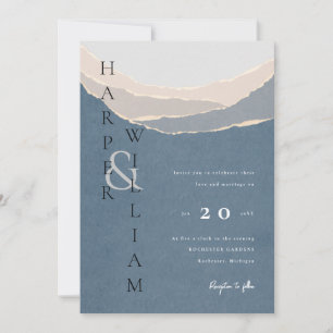 Invitación boda de montañas de papel azul y azul moderno