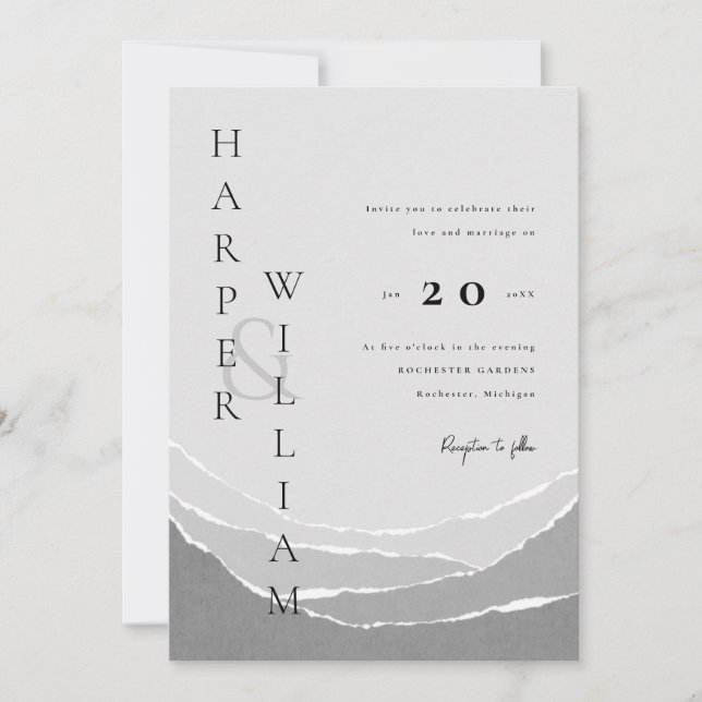 Invitación boda de montañas de papel gris moderno (Anverso)