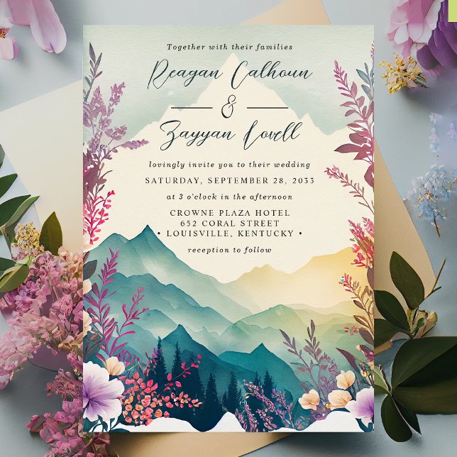 Invitación Boda de Montañas de Primavera Floral Pastel Acuare (Subido por el creador)