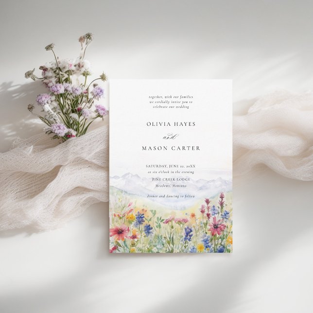 Invitación Boda de Montañas Rústicas Meadow Wildflowers (mountains wedding invitation rustic outdoors wildflowers meadow scene watercolor spring summer)