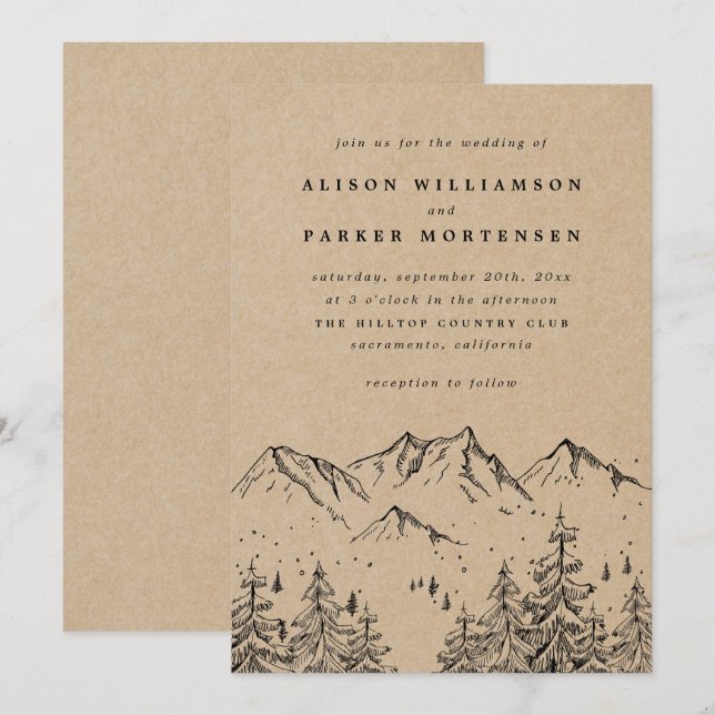 Invitación Boda de Montañas y Pinos Rústicos dibujados a mano (Anverso / Reverso)