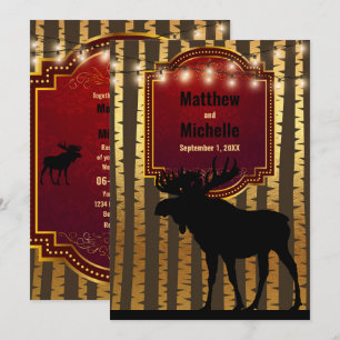 Invitación Boda de Moose Rústico, Árboles de Oro y Luces