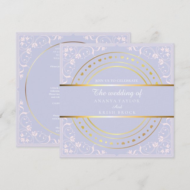 Invitación Boda de Morado Pastel y Dorado (Anverso / Reverso)