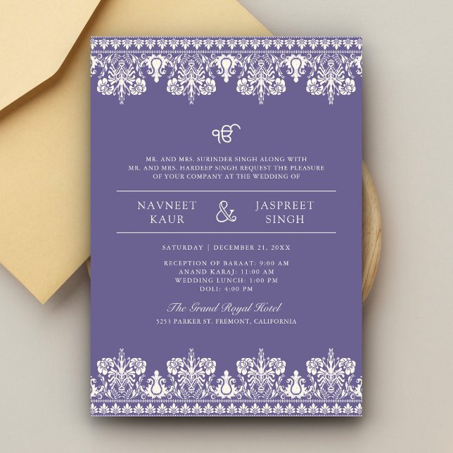 Invitación Boda de Morple Ivory Damask Anand Karaj Sikh (Subido por el creador)