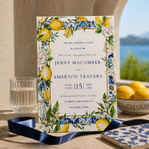 Invitación Boda de mosaico azul floral blanco limón 