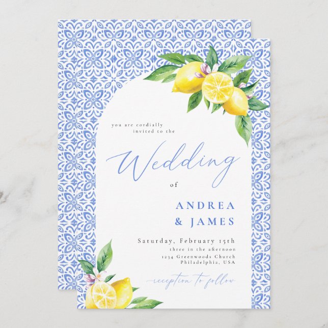 Invitación Boda de mosaico azul italiano de Lemon Positano (Anverso / Reverso)