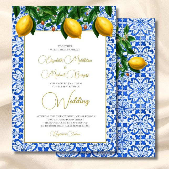 Invitación Boda de mosaico azul limón botánico italiano (Subido por el creador)