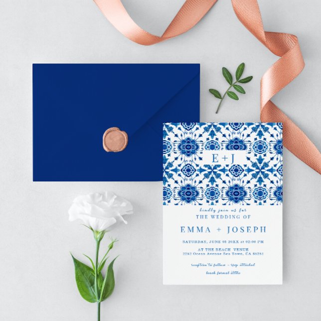 Invitación Boda de mosaico azul moderno de verano mediterráne (Subido por el creador)