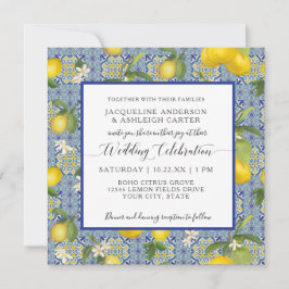 Invitación Boda de mosaico blanco y azul de cítricos florales