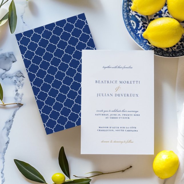 Invitación Boda de mosaico mediterráneo azul y blanco (Blue & White Classic Mediterranean Tile Wedding Invitation)